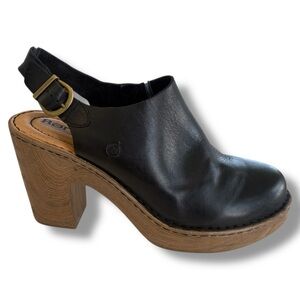 Born “Calypso” Black Leather Mules Clogs Sling Back Wooden Heel. Women Sz 10M